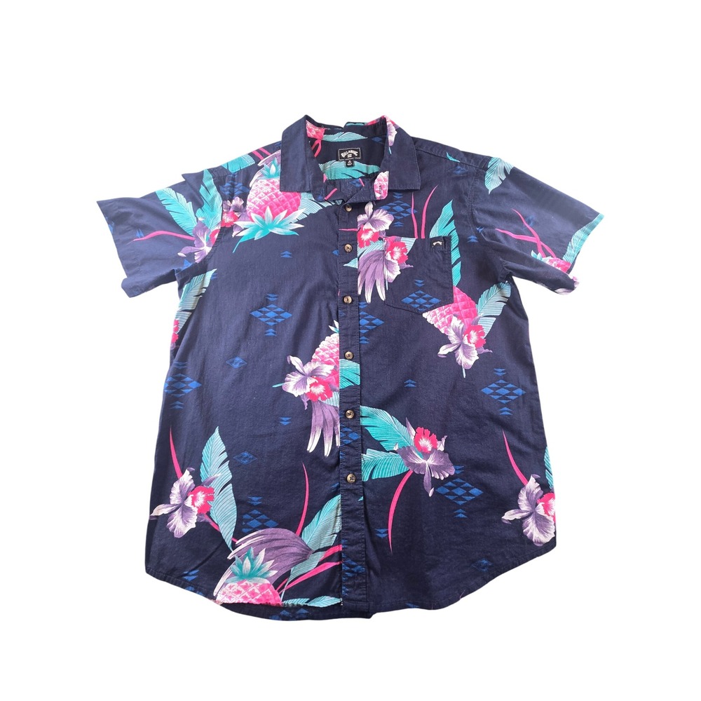 Billabong Mens Short Sleeve Button Down Shirt‎ Navy Blue Tropical Pineapple Med